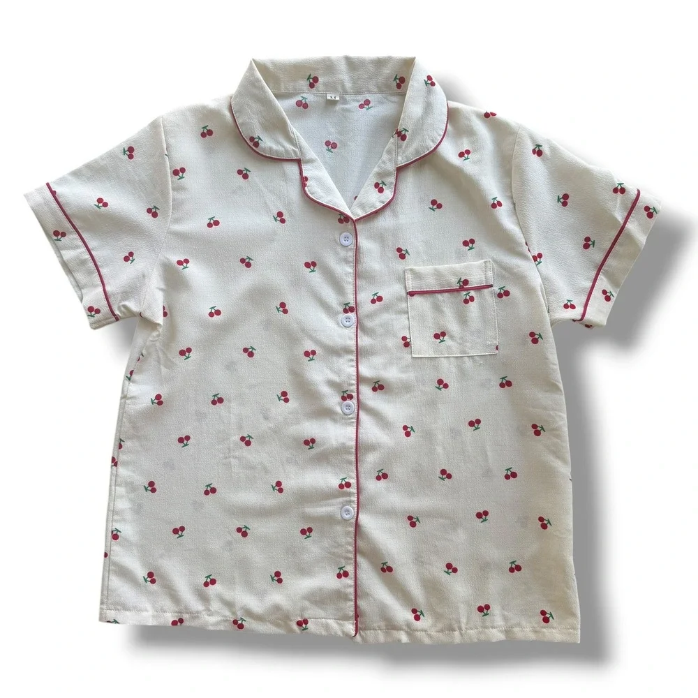 Women M Cream Red Cherry Print Pajama Set Short Sleeve Button Down Top and Pants